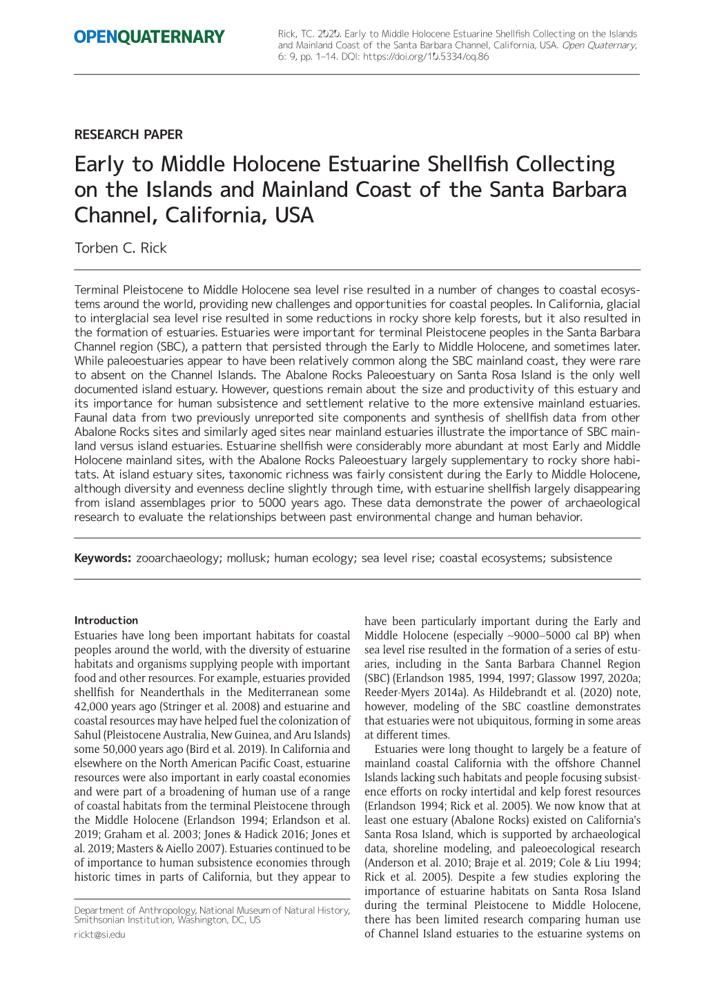 Early to Middle Holocene Estuarine Shellfish Collecting on the Islands and Mainland Coast of the Santa Barbara Channel, California, USA