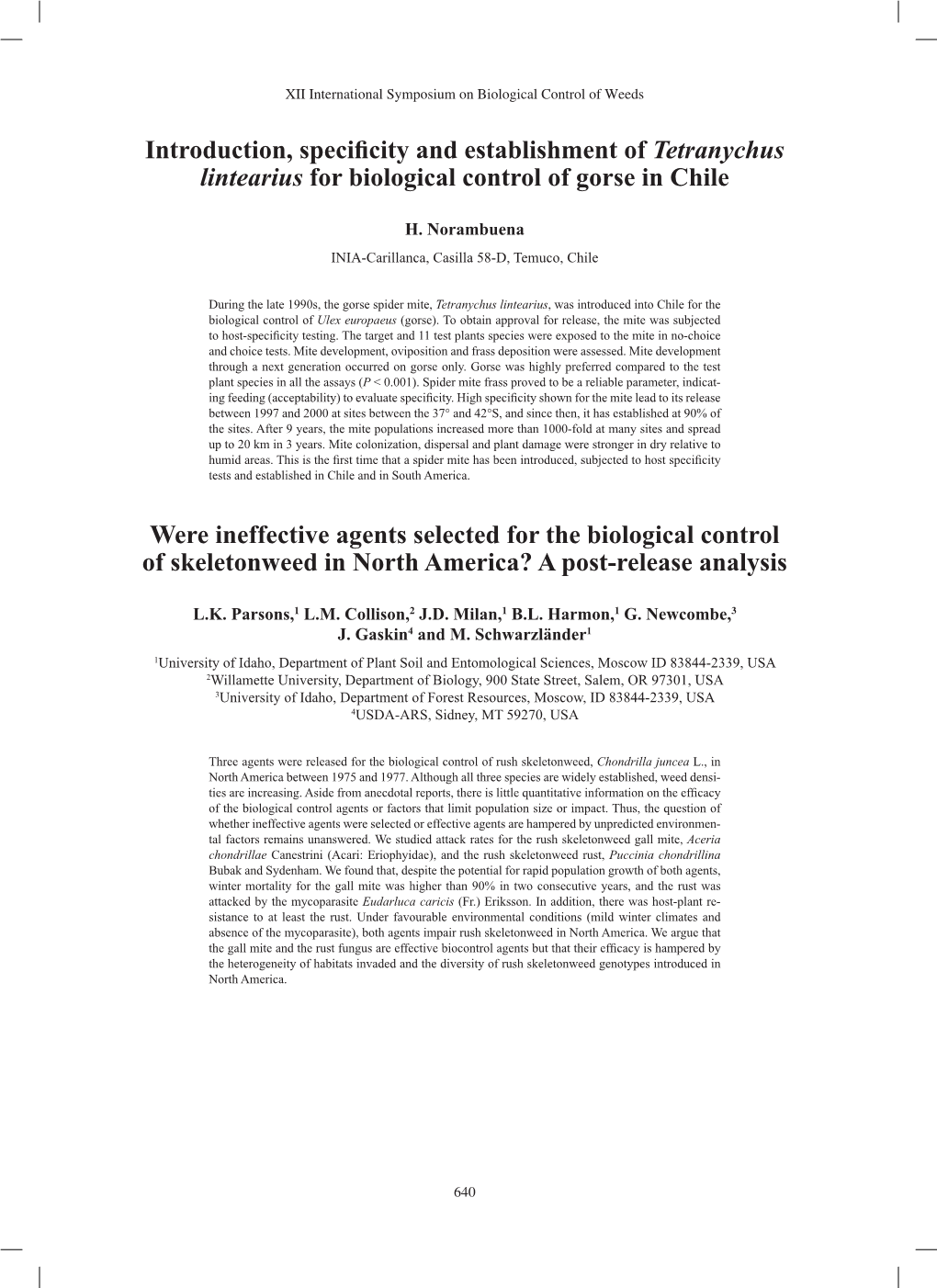 Introduction, Specificity and Establishment of Tetranychus Lintearius for Biological Control of Gorse in Chile