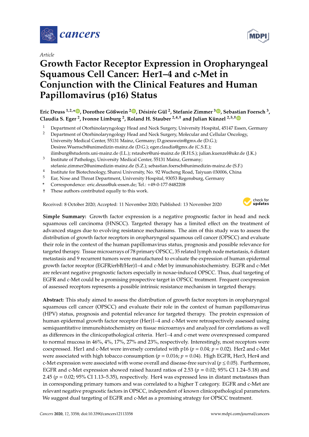 Growth Factor Receptor Expression in Oropharyngeal Squamous Cell