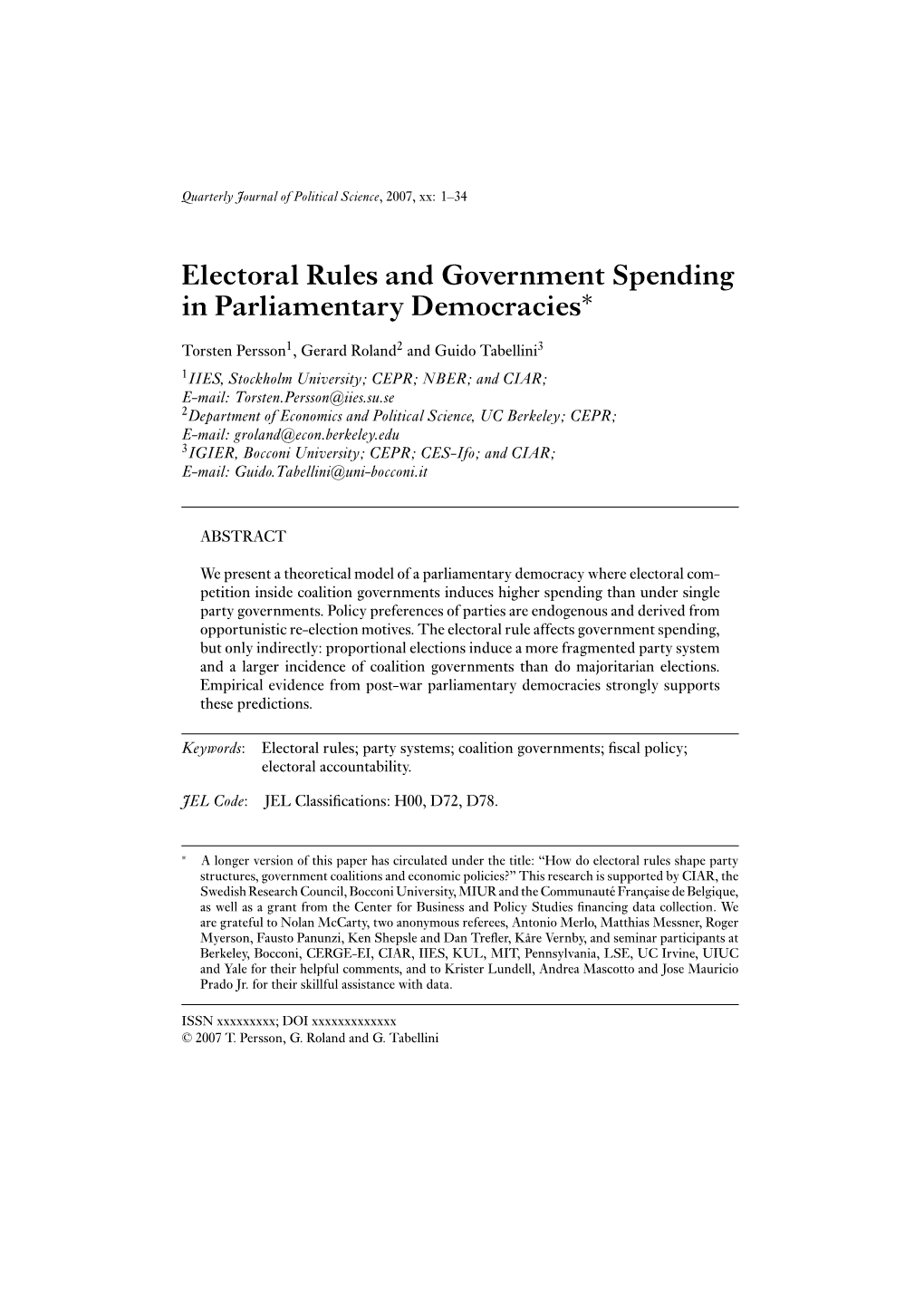 Electoral Rules and Government Spending in Parliamentary Democracies∗