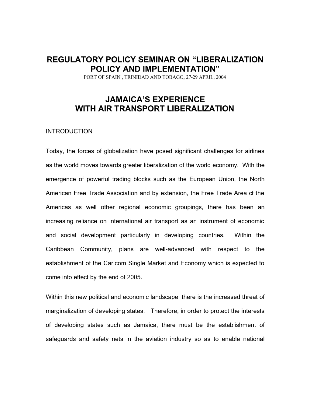 Jamaica's Experience with Air Transport Liberalization