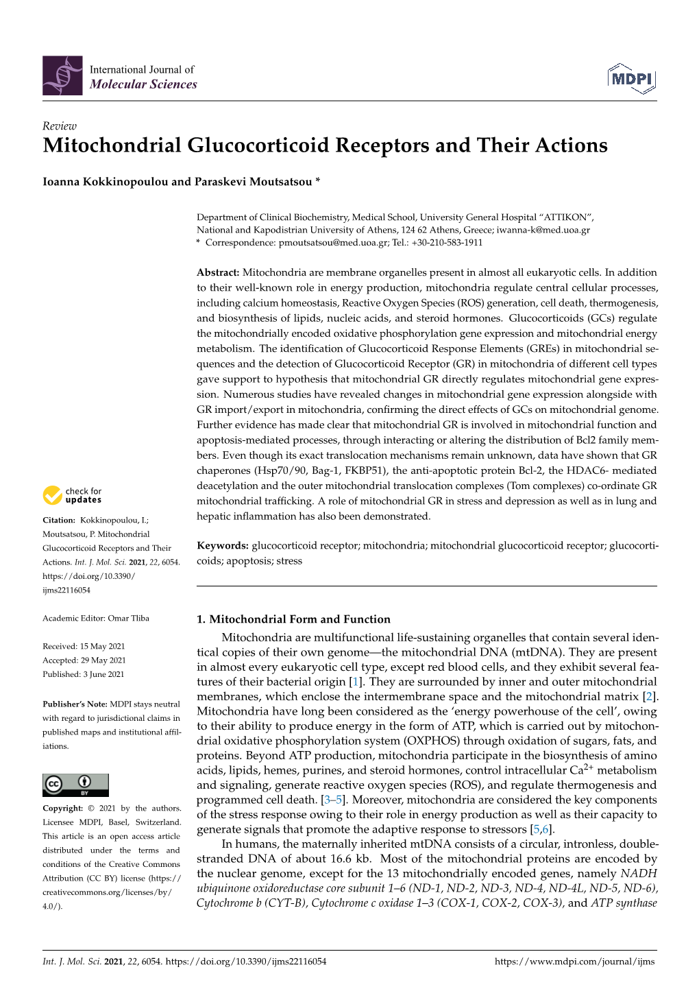 Mitochondrial Glucocorticoid Receptors and Their Actions