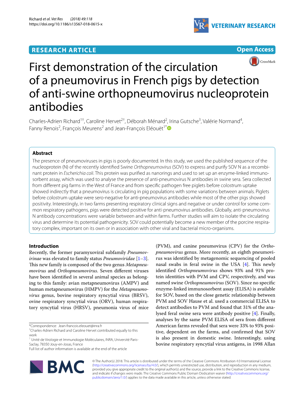 First Demonstration of the Circulation of a Pneumovirus in French Pigs by Detection of Anti-Swine Orthopneumovirus Nucleoprotein