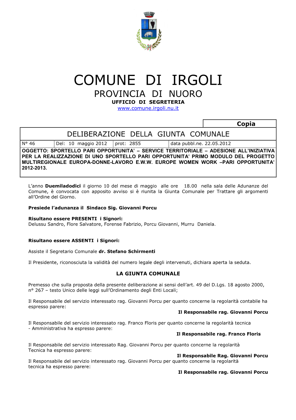 Comune Di Irgoli Provincia Di Nuoro Ufficio Di Segreteria