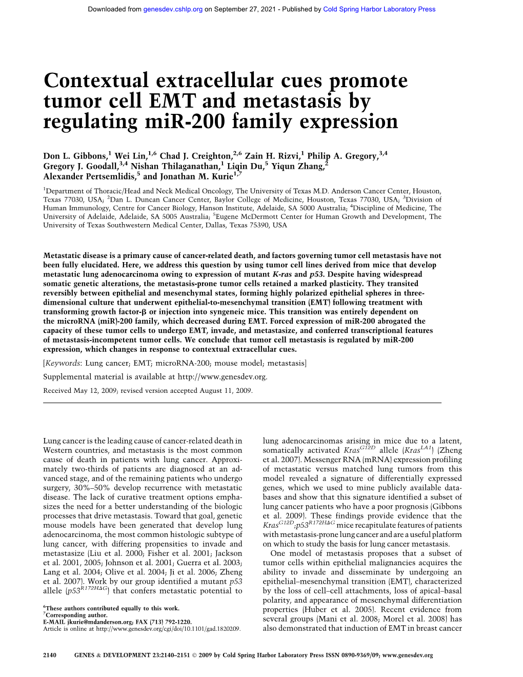 Contextual Extracellular Cues Promote Tumor Cell EMT and Metastasis by Regulating Mir-200 Family Expression