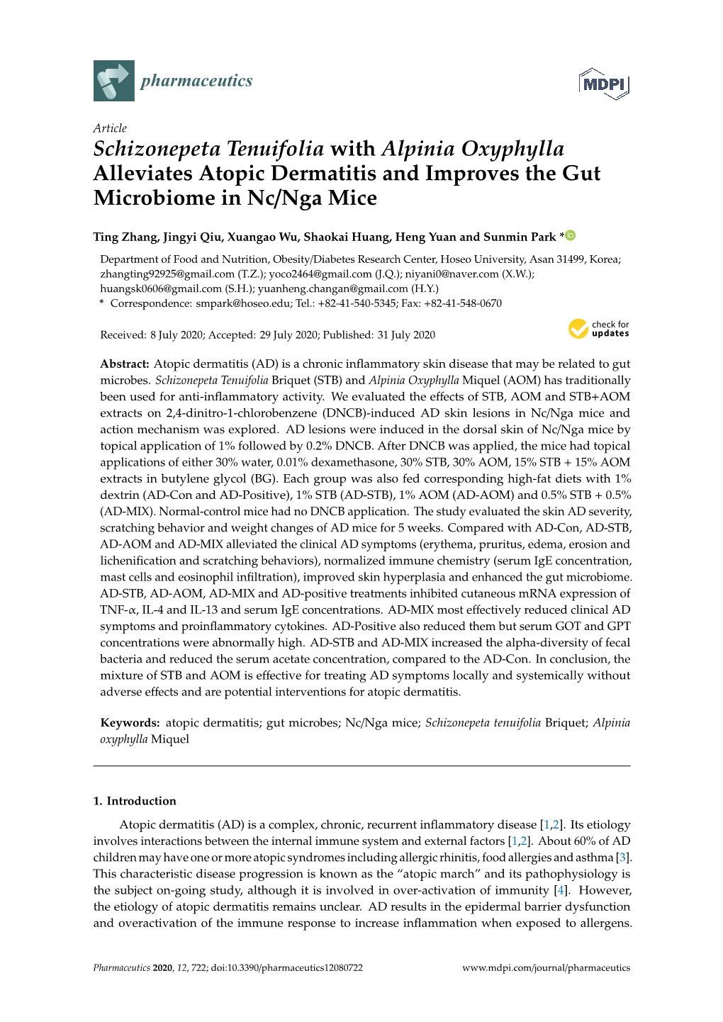 Schizonepeta Tenuifolia with Alpinia Oxyphylla Alleviates Atopic Dermatitis and Improves the Gut Microbiome in Nc/Nga Mice