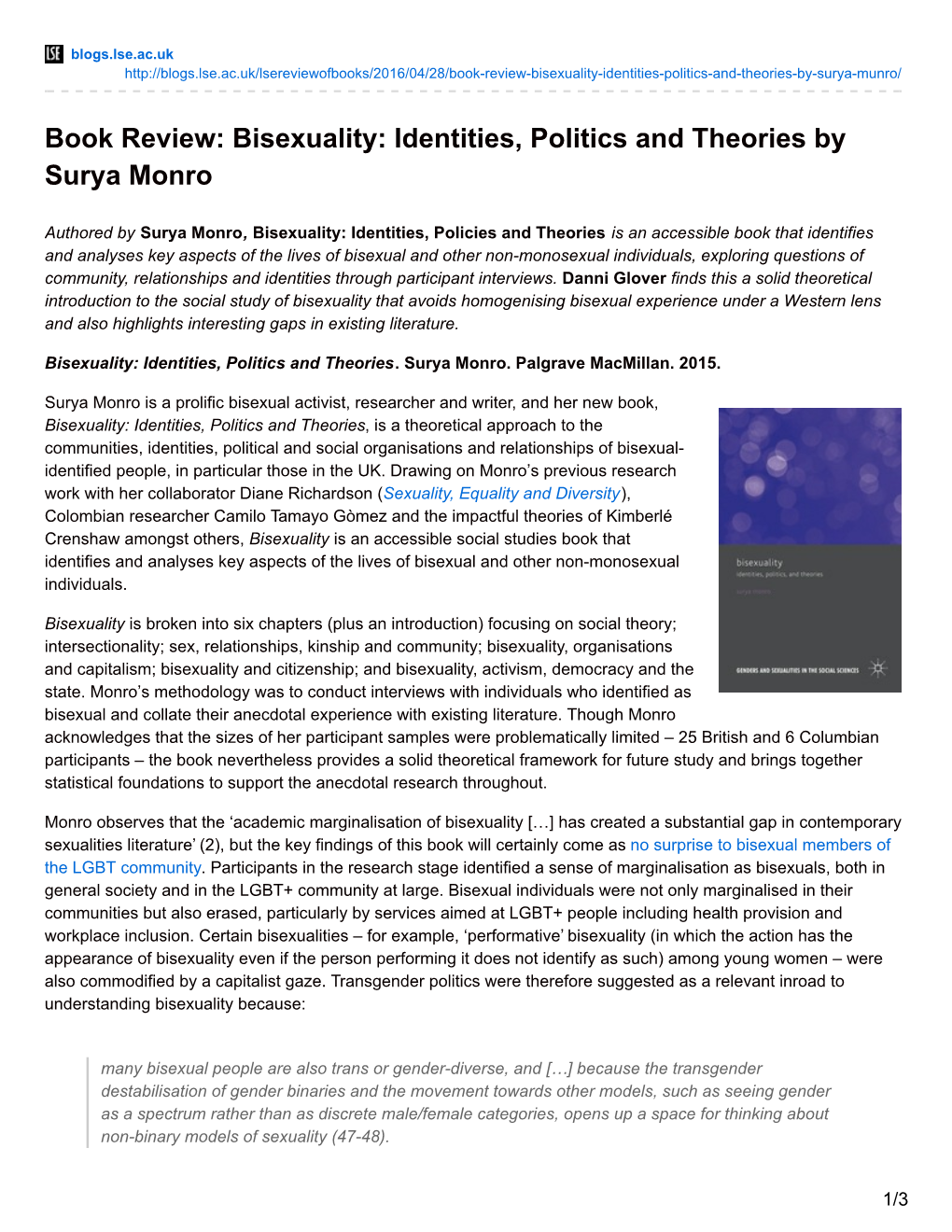 Book Review: Bisexuality: Identities, Politics and Theories by Surya Monro