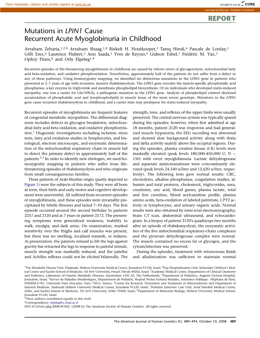 REPORT Mutations in LPIN1 Cause Recurrent Acute Myoglobinuria in Childhood