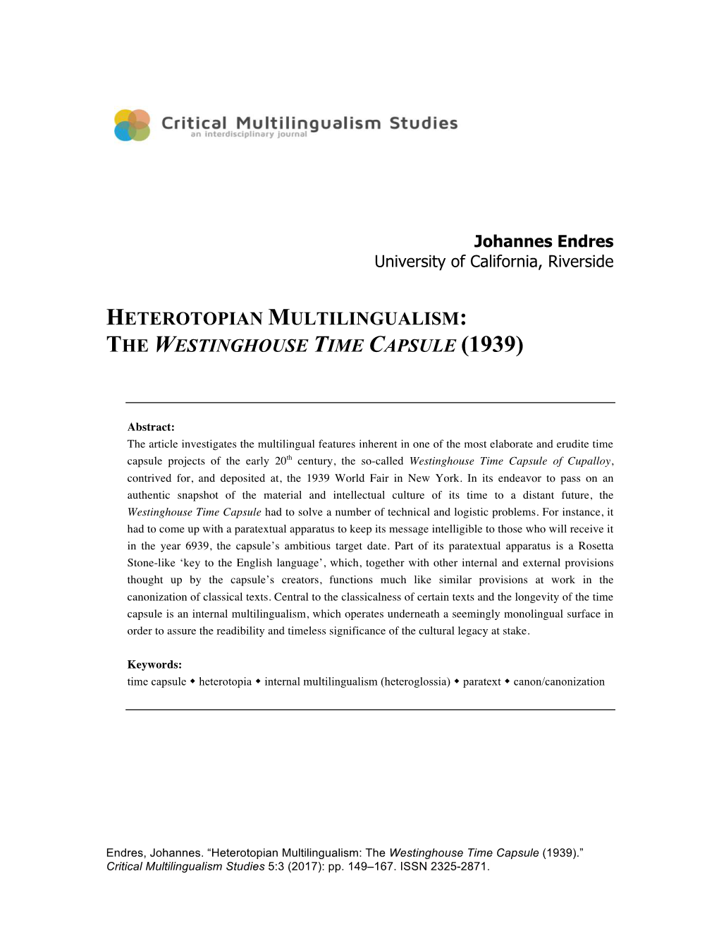 Heterotopian Multilingualism: the Westinghouse Time Capsule (1939)