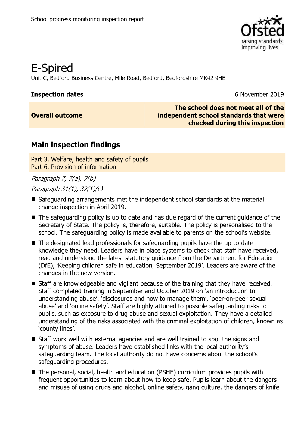 Ofsted Material Change Inspection Report November 2019