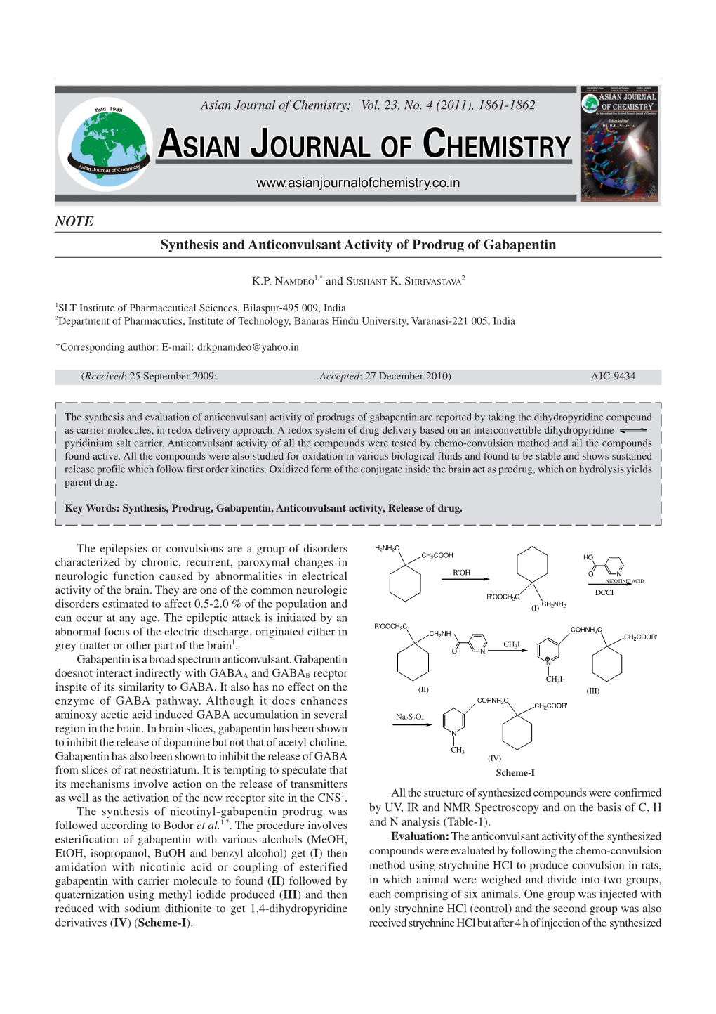 NOTE Synthesis and Anticonvulsant Activity of Prodrug of Gabapentin