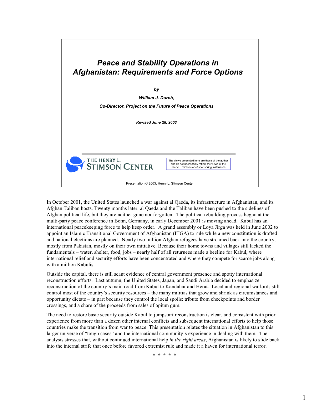 Peace and Stability Operations in Afghanistan: Requirements and Force Options