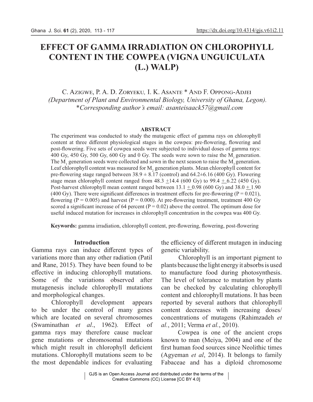 Effect of Gamma Irradiation on Chlorophyll Content in the Cowpea (Vigna Unguiculata (L.) Walp)