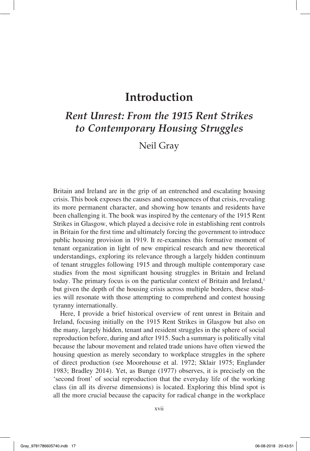 Introduction Rent Unrest: from the 1915 Rent Strikes to Contemporary Housing Struggles Neil Gray