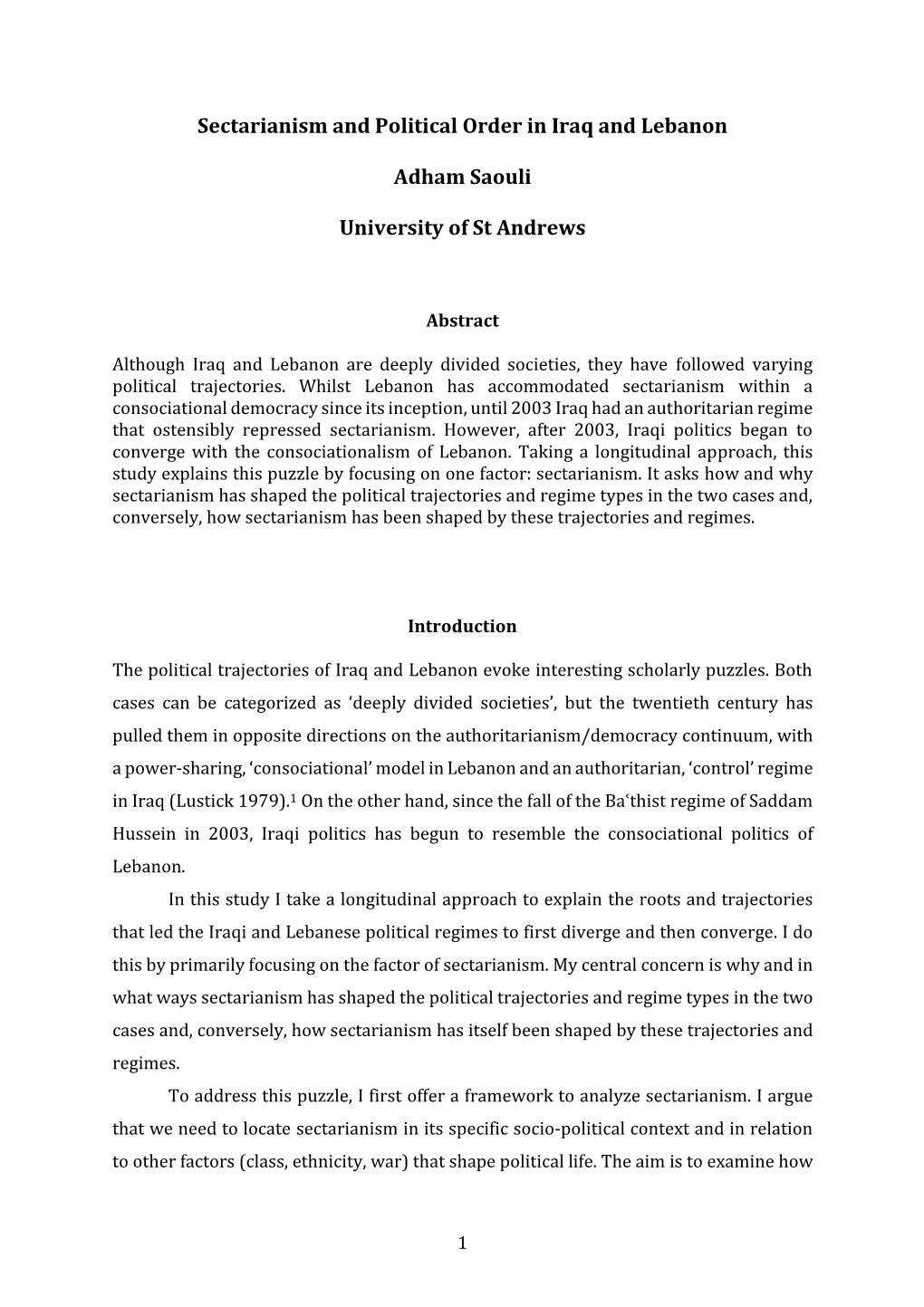 Sectarianism and Political Order in Iraq and Lebanon Adham Saouli