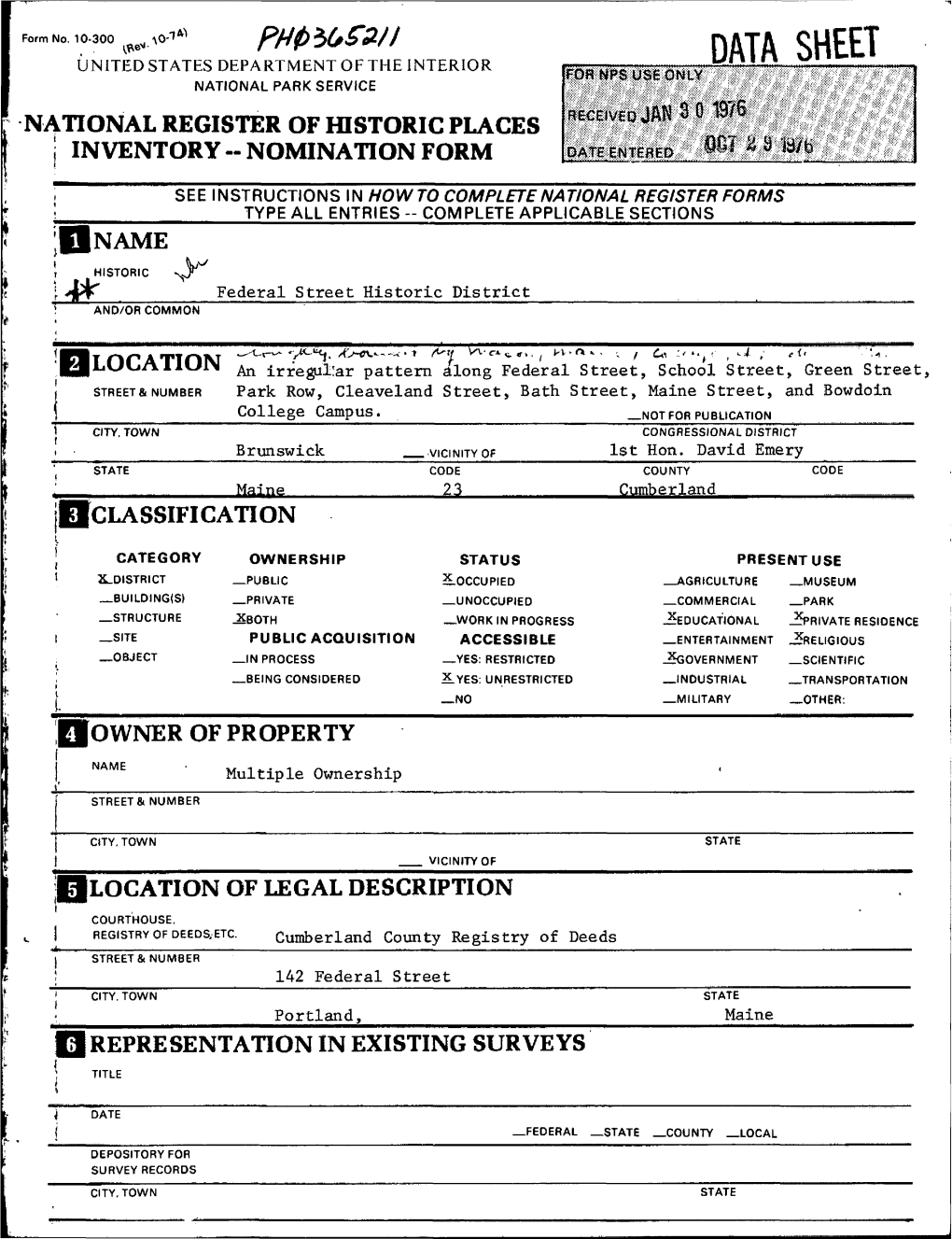 Data Sheet National Park Service National Register of Historic Places ! Inventory -- Nomination Form