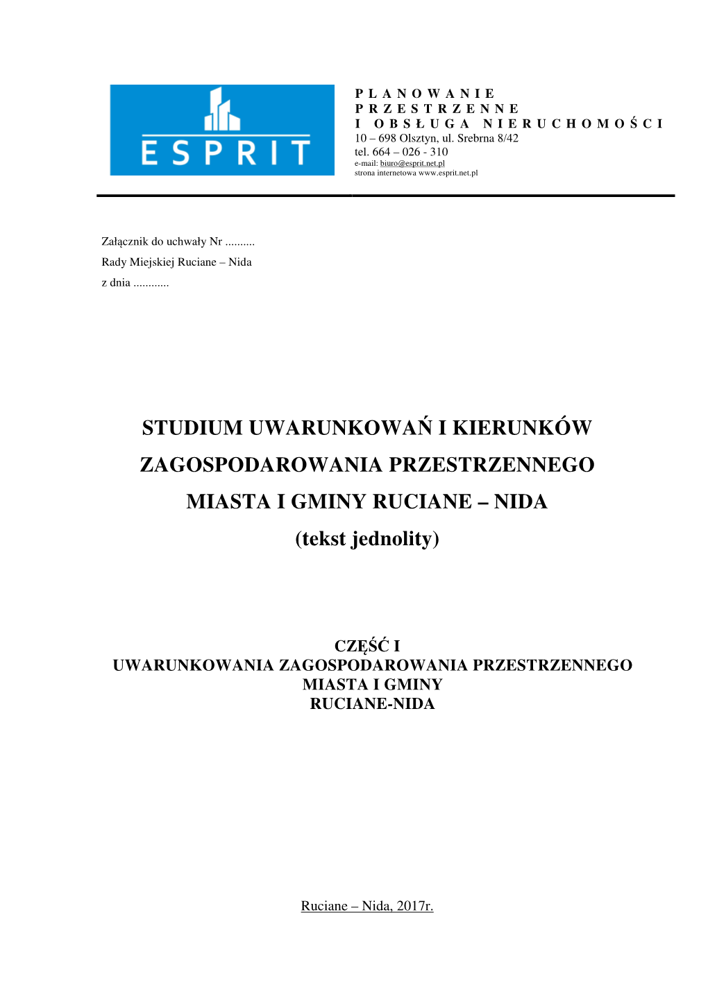 Uwarunkowania Zagospodarowania Przestrzennego Miasta I Gminy Ruciane-Nida