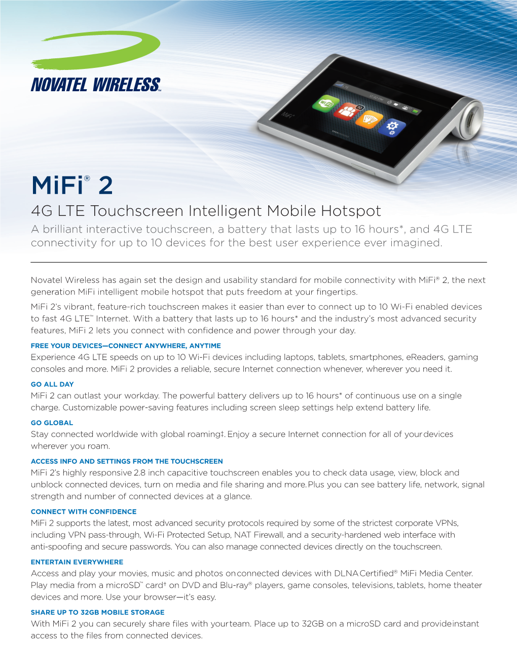 Mifi® 2, the Next Generation Mifi Intelligent Mobile Hotspot That Puts Freedom at Your ﬁngertips