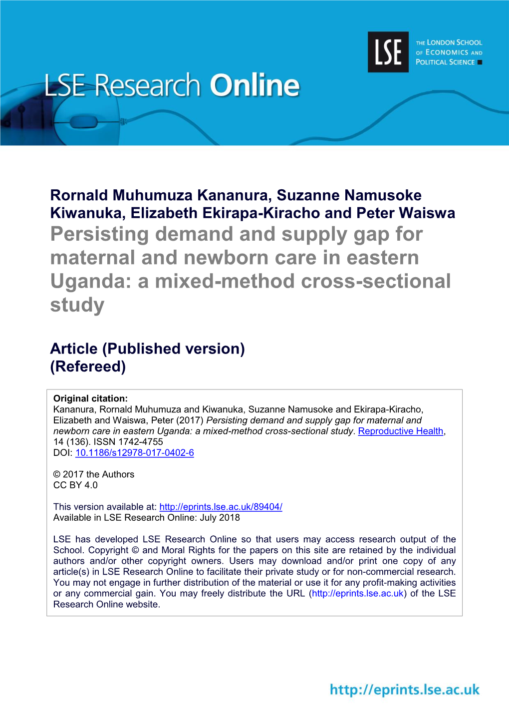 Persisting Demand and Supply Gap for Maternal and Newborn Care in Eastern Uganda: a Mixed-Method Cross-Sectional Study