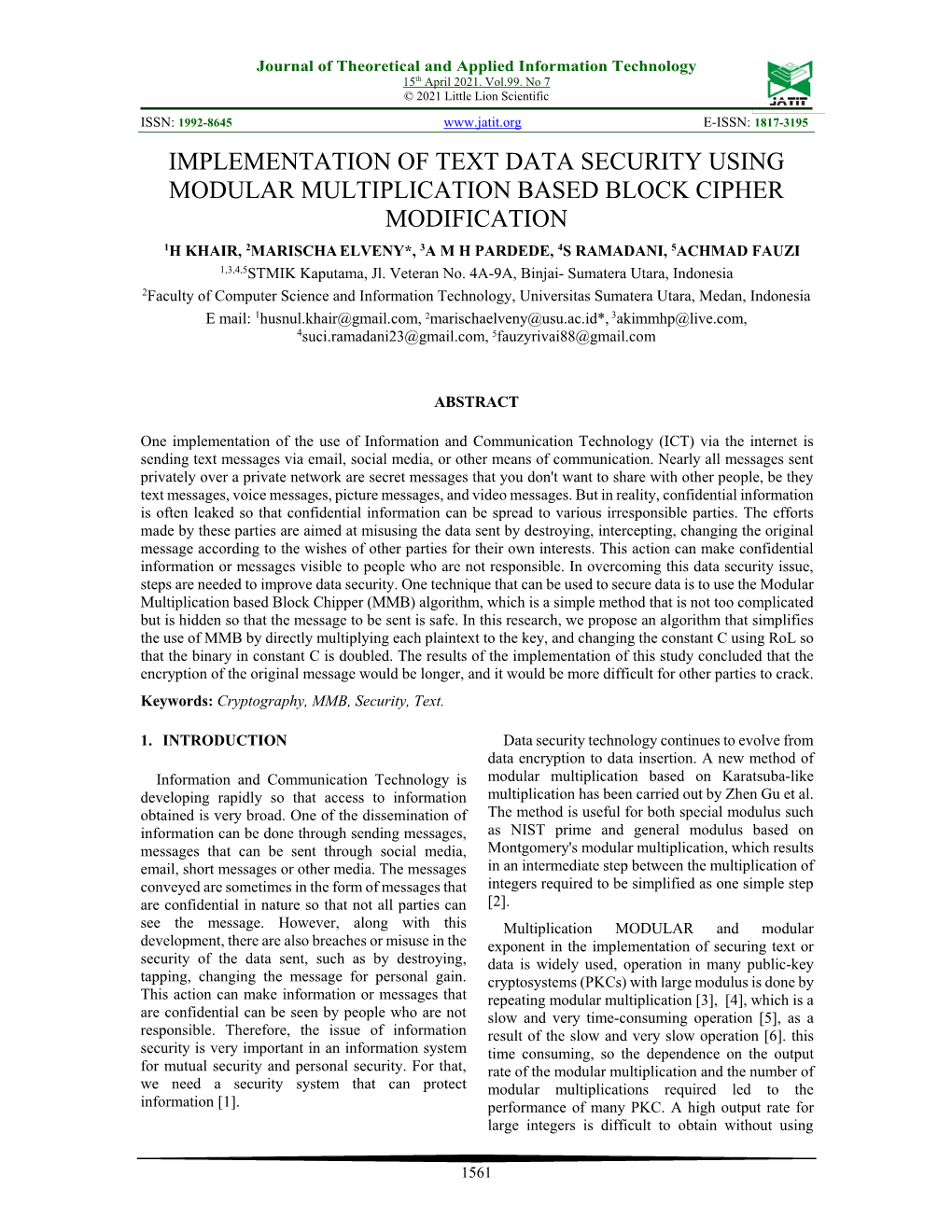 Implementation of Text Data Security Using Modular