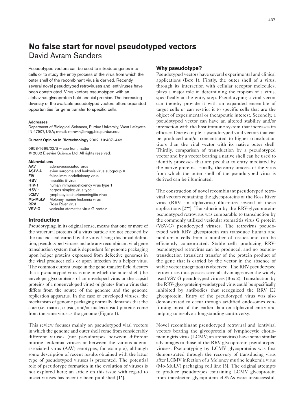 No False Start for Novel Pseudotyped Vectors David Avram Sanders