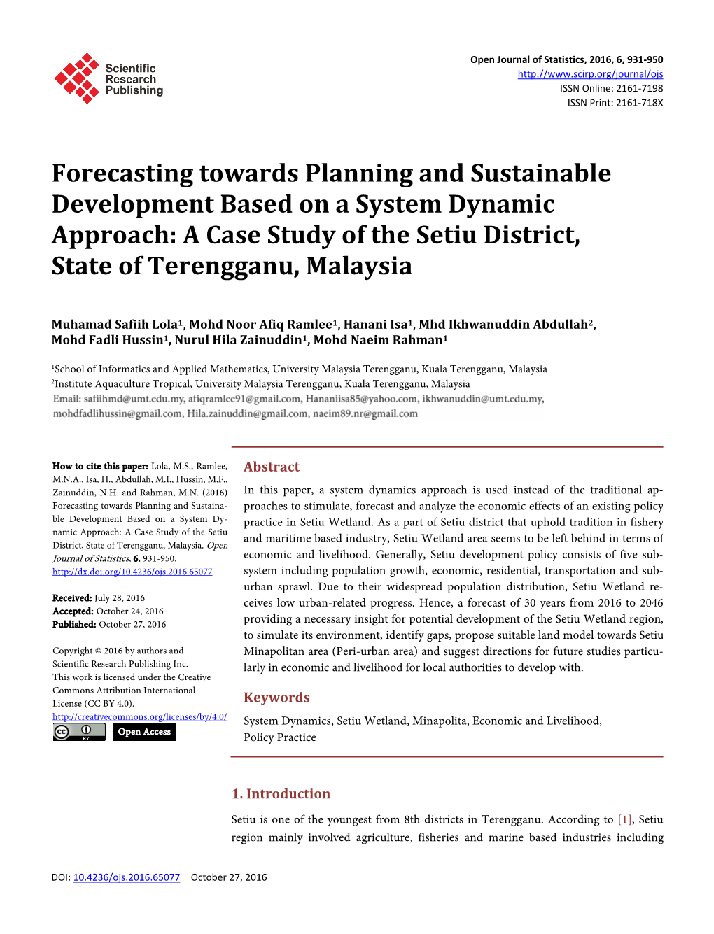 A Case Study of the Setiu District, State of Terengganu, Malaysia