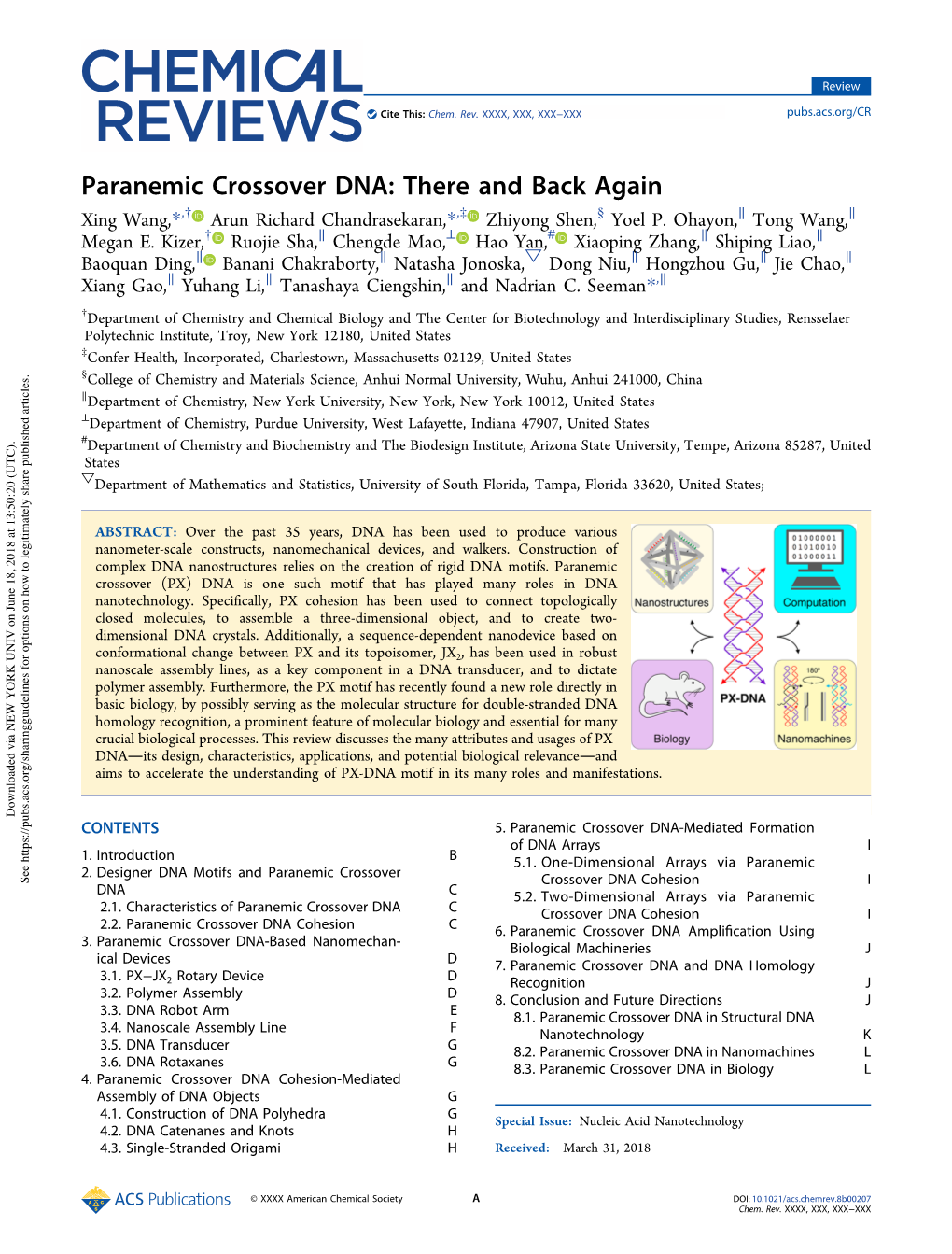 Paranemic Crossover DNA: There and Back Again Xing Wang,*,† Arun Richard Chandrasekaran,*,‡ Zhiyong Shen,§ Yoel P