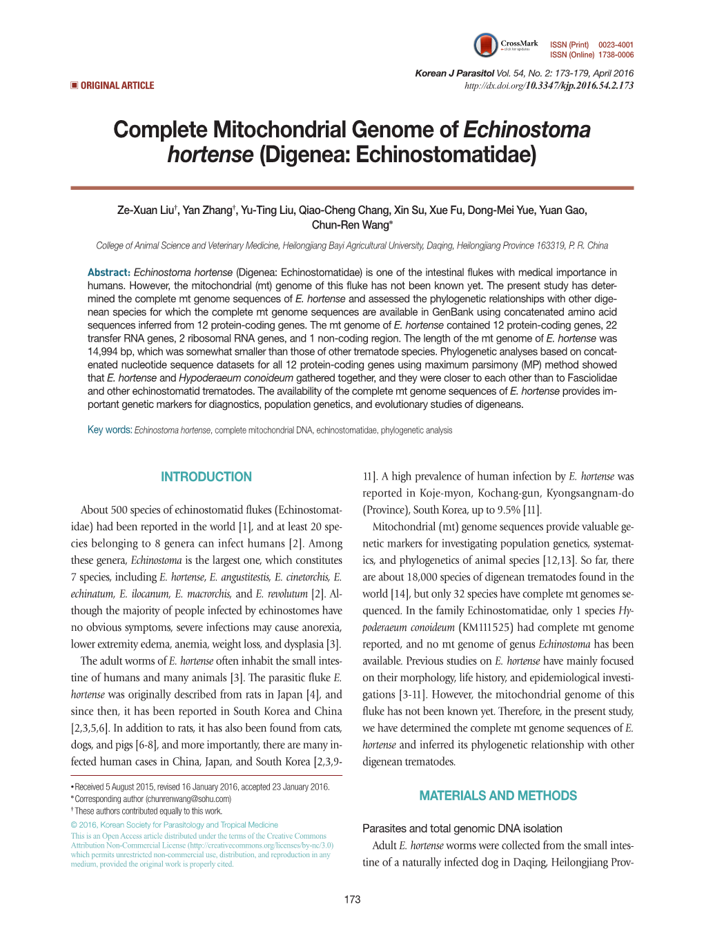 Complete Mitochondrial Genome of Echinostoma Hortense (Digenea: Echinostomatidae)