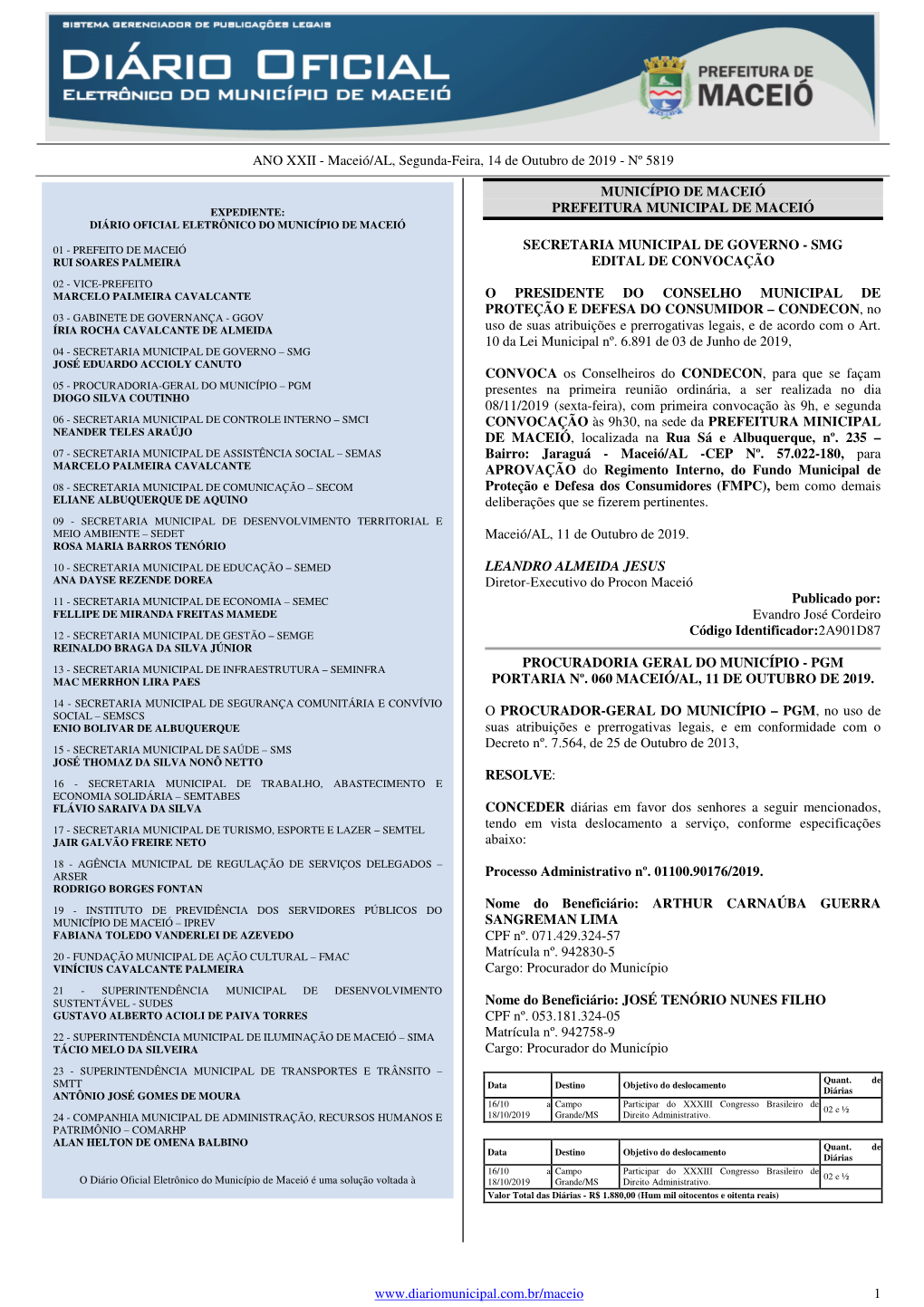 Maceió/AL, Segunda-Feira, 14 De Outubro De 2019 - Nº 5819