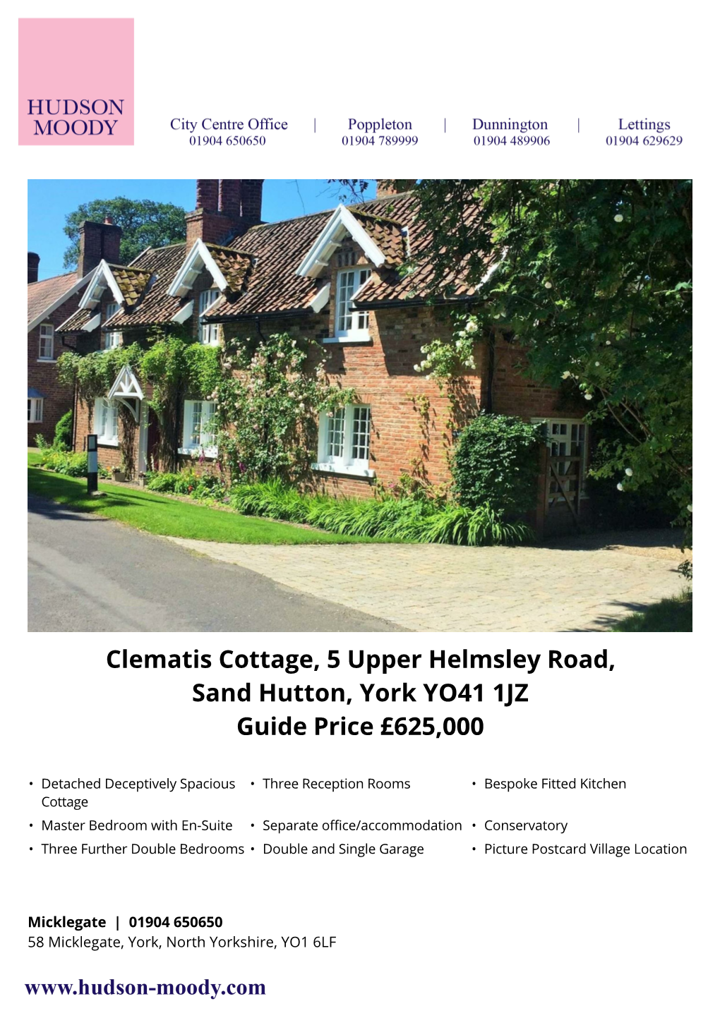Clematis Cottage, 5 Upper Helmsley Road, Sand Hutton, York YO41 1JZ Guide Price £625,000