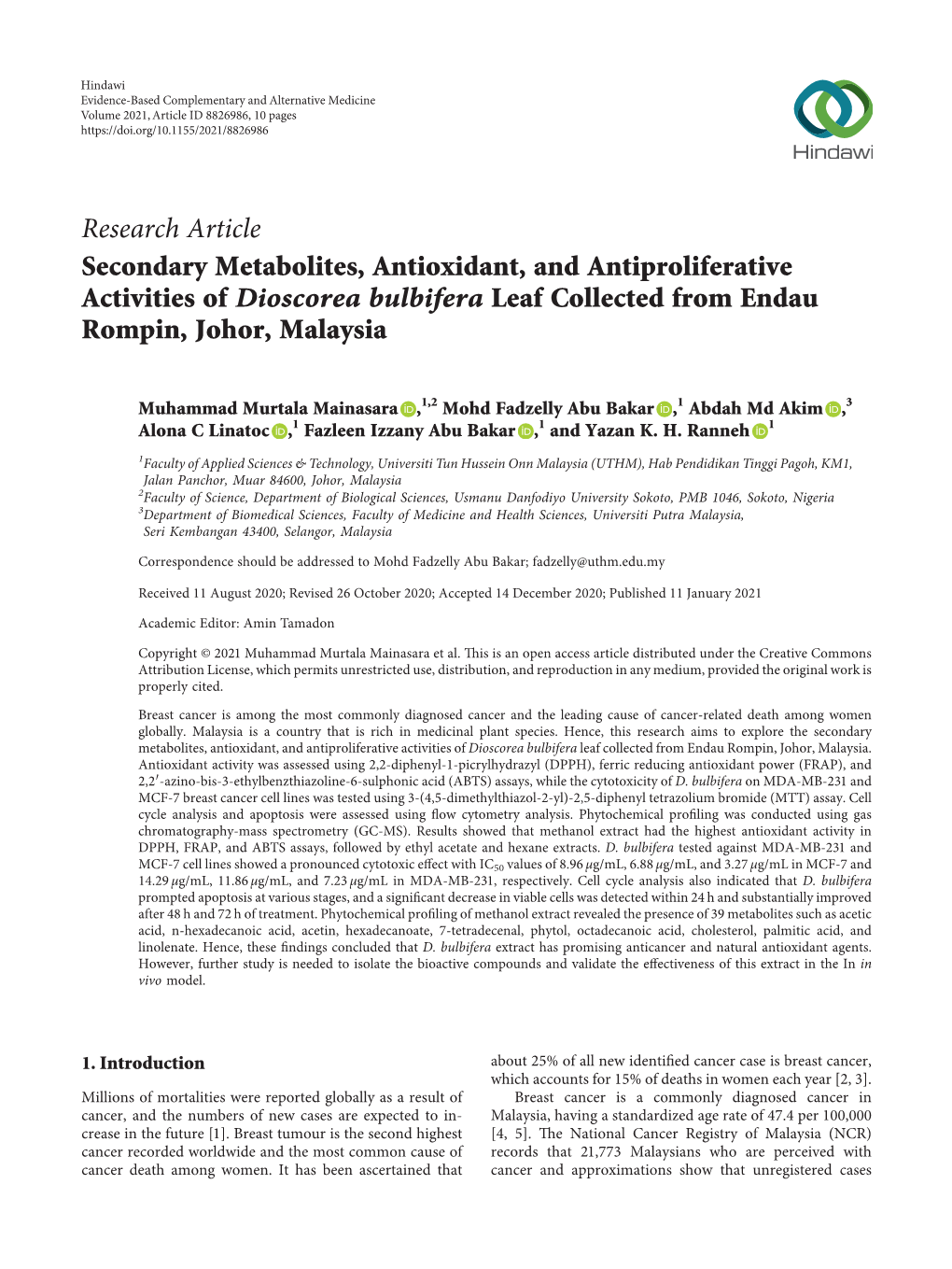 Secondary Metabolites, Antioxidant, and Antiproliferative Activities of Dioscorea Bulbifera Leaf Collected from Endau Rompin, Johor, Malaysia
