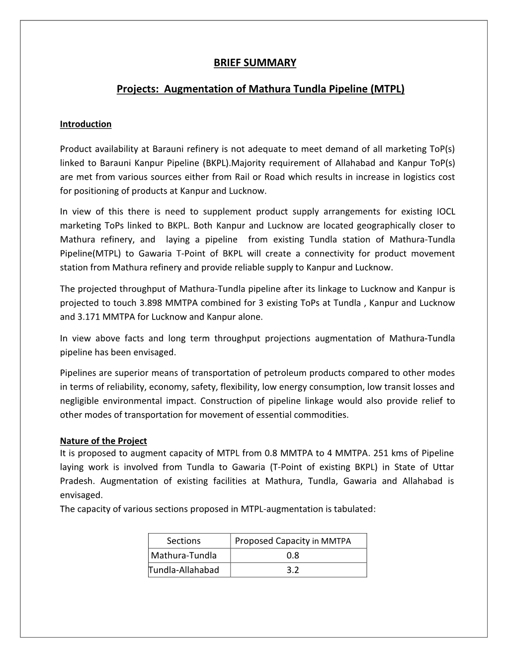 Augmentation of Mathura Tundla Pipeline (MTPL)