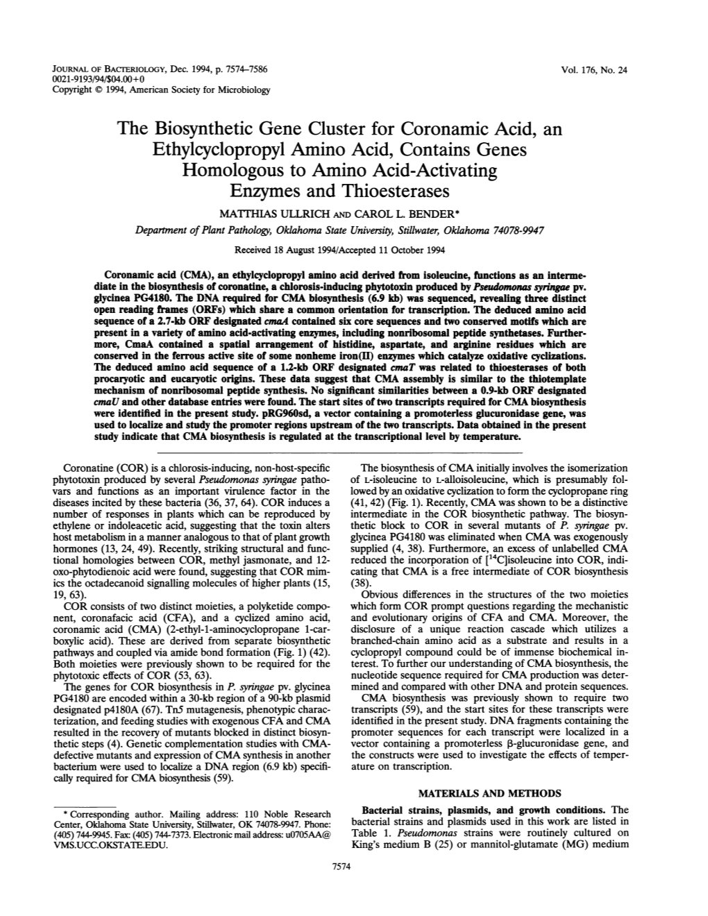 The Biosynthetic Gene Cluster for Coronamic Acid, An