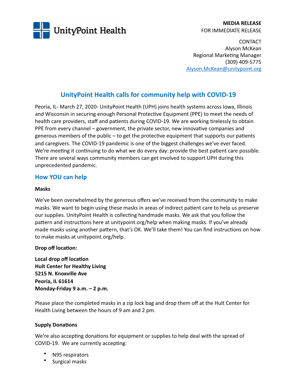 Unitypoint Health Calls for Community Help with COVID-19