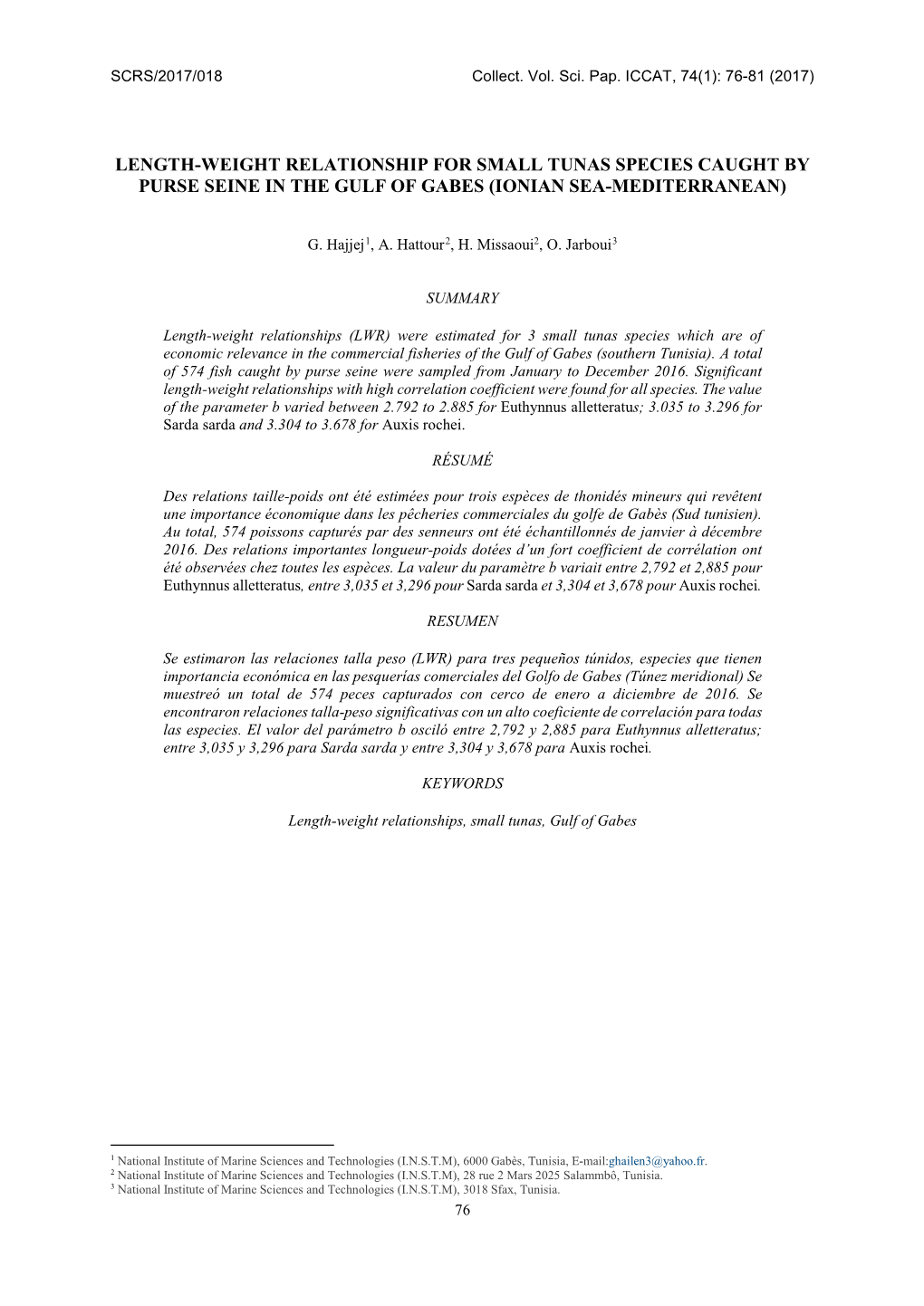 Length-Weight Relationship for Small Tunas Species Caught by Purse Seine in the Gulf of Gabes (Ionian Sea-Mediterranean)