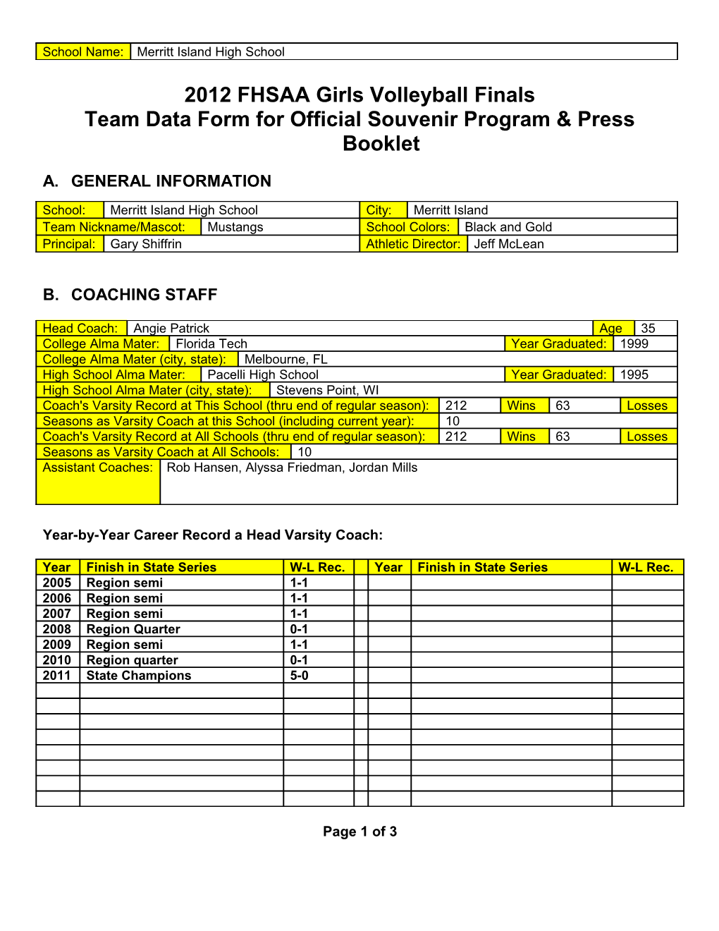 Team Data Form for Official Souvenir Program & Press Booklet