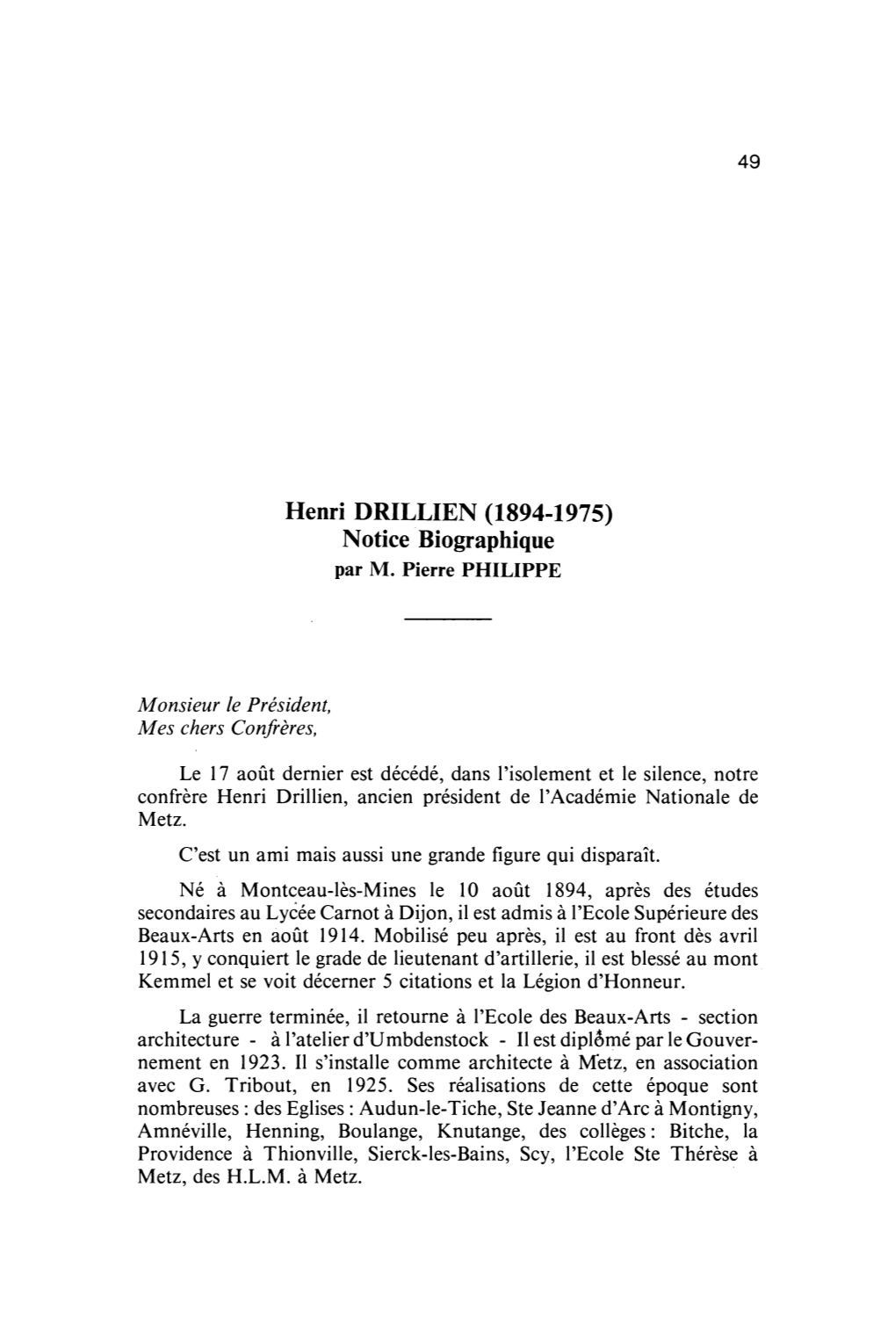 Henri DRILLIEN (1894-1975) Notice Biographique Par M