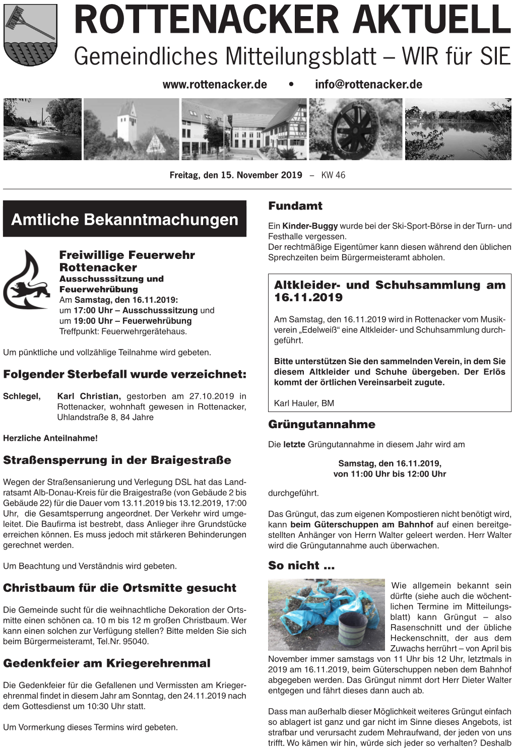 ROTTENACKER AKTUELL Gemeindliches Mitteilungsblatt – WIR Für SIE • Info@Rottenacker.De