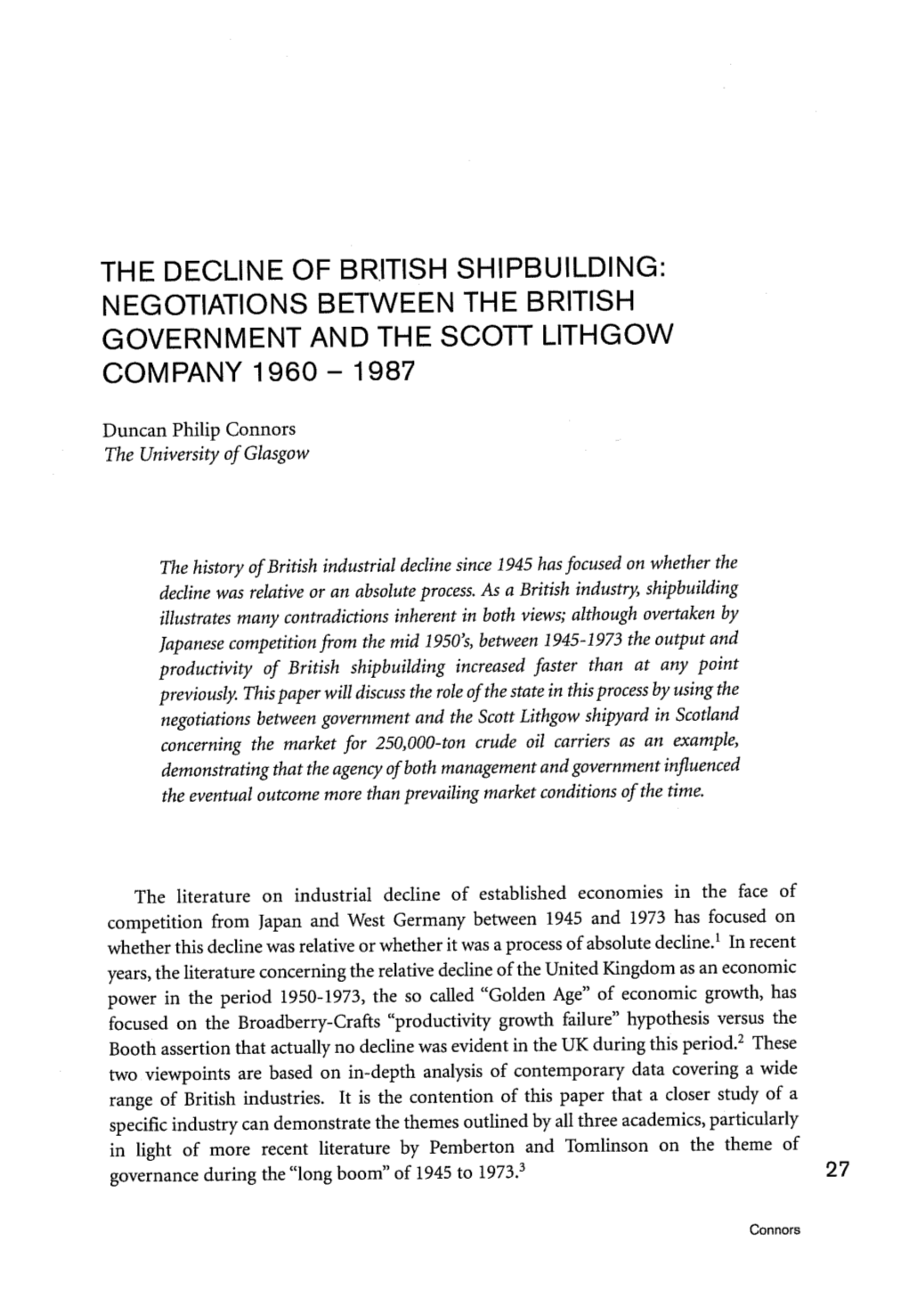 The Decline of British Shipbuilding: Negotiations Between the British Government and the Scott Lithgow Company 1960-1987