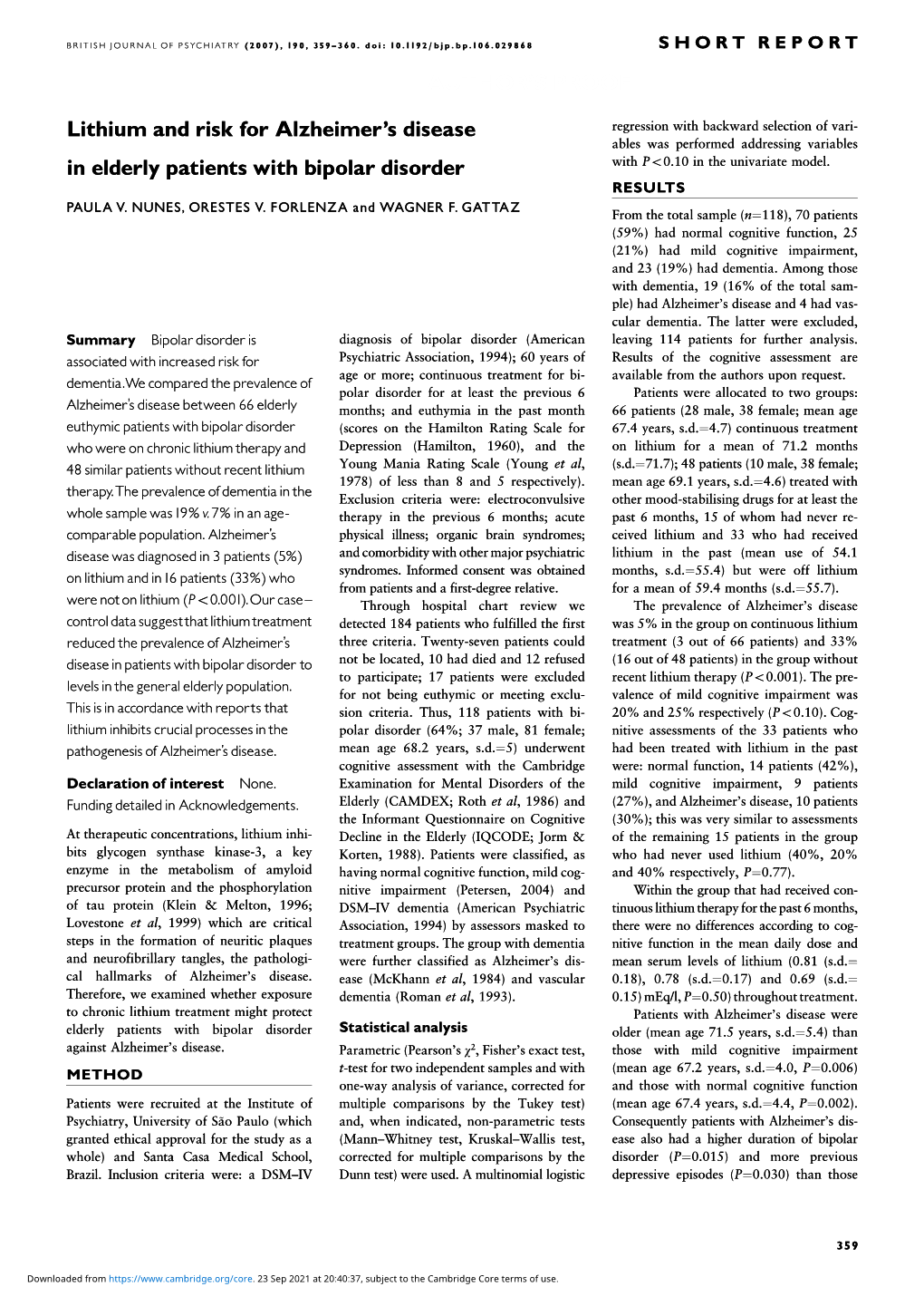 Lithium and Risk for Alzheimer's Disease in Elderly Patients With