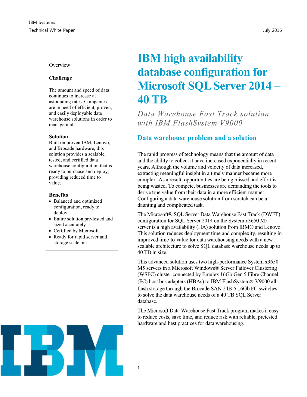IBM High Availability Database Configuration for Microsoft SQL Server 2014