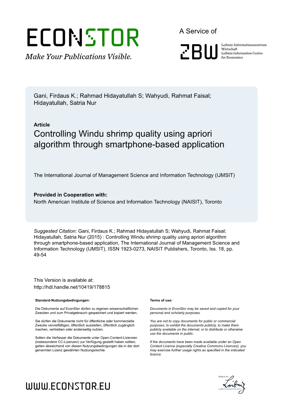 Controlling Windu Shrimp Quality Using Apriori Algorithm Through Smartphone-Based Application