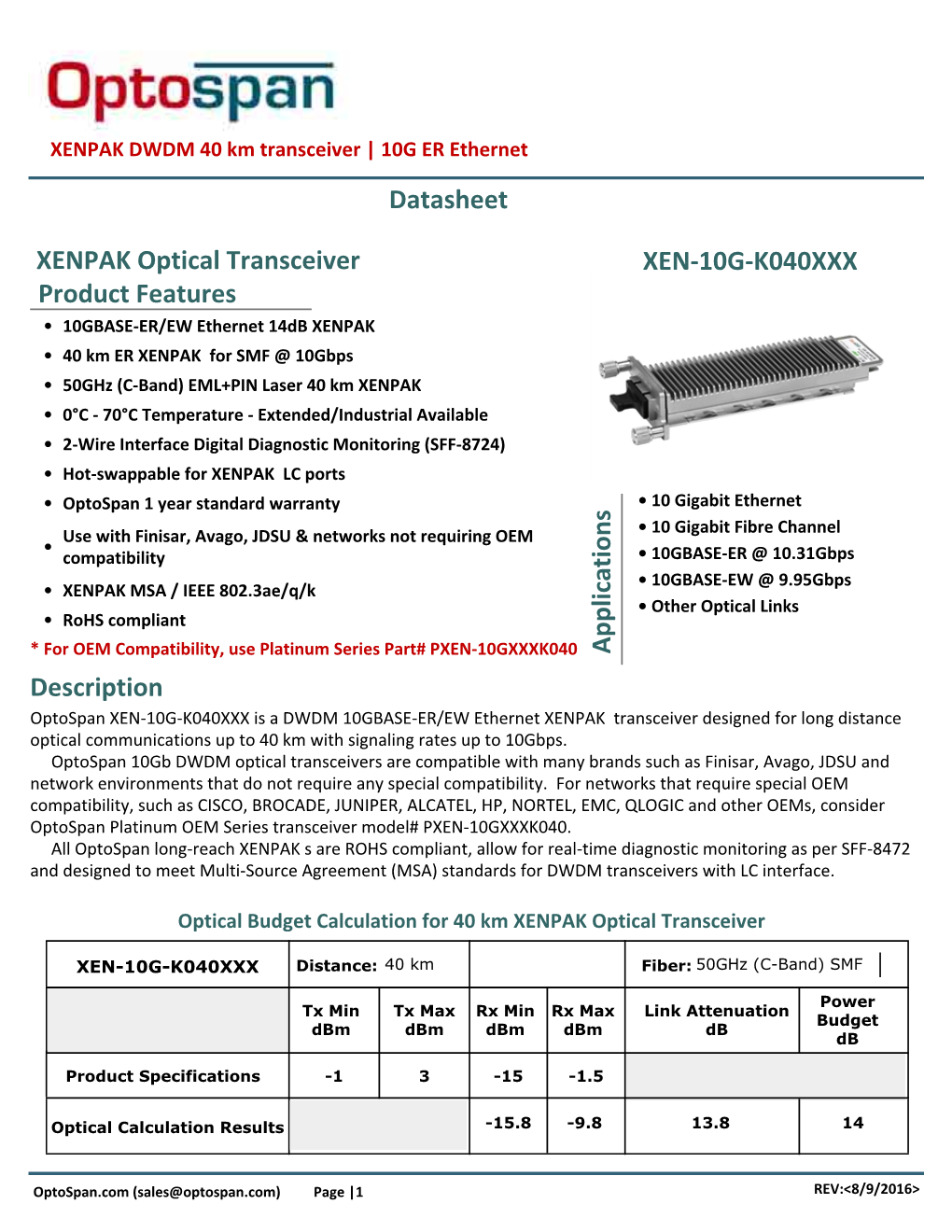 XENPAK DWDM 40 Km Transceiver | 10G ER Ethernet Datasheet