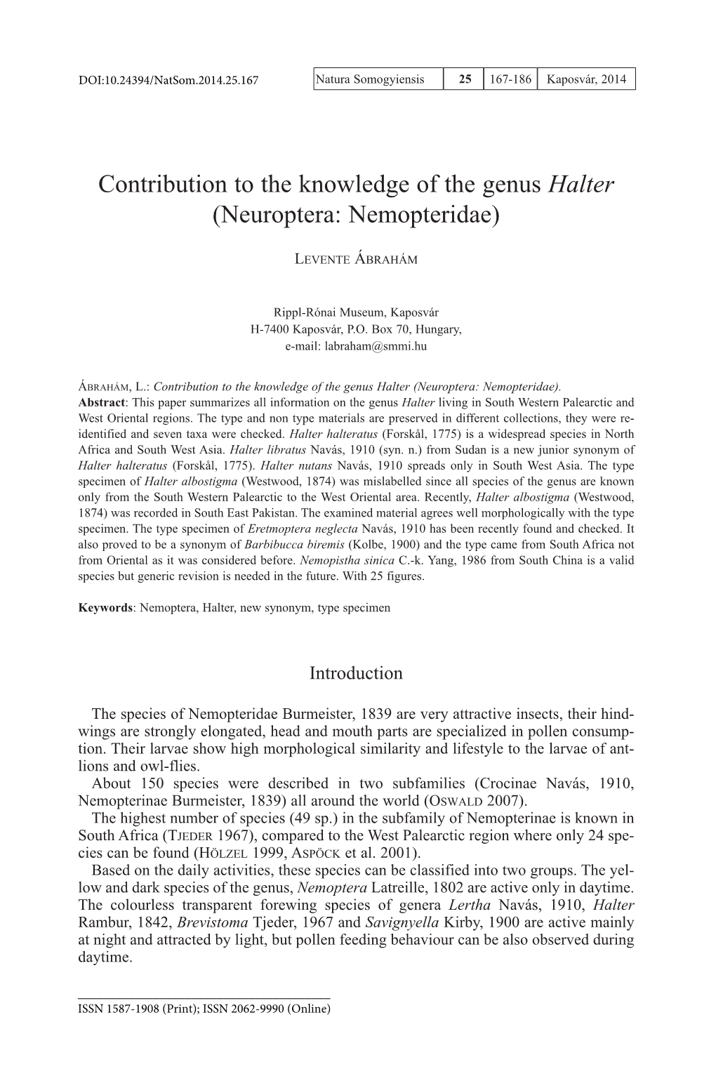 Contribution to the Knowledge of the Genus Halter (Neuroptera: Nemopteridae)