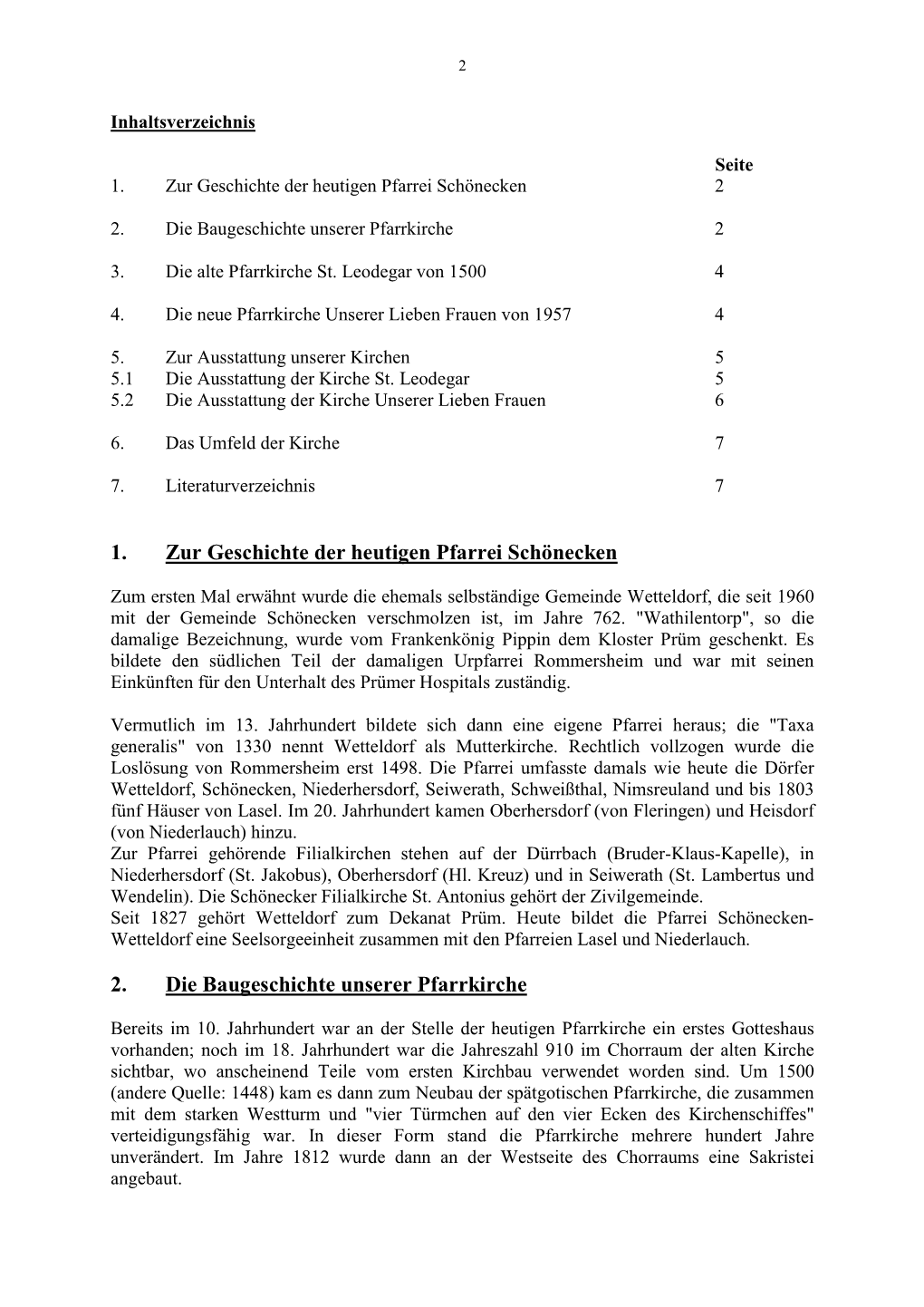 1. Zur Geschichte Der Heutigen Pfarrei Schönecken 2. Die Baugeschichte