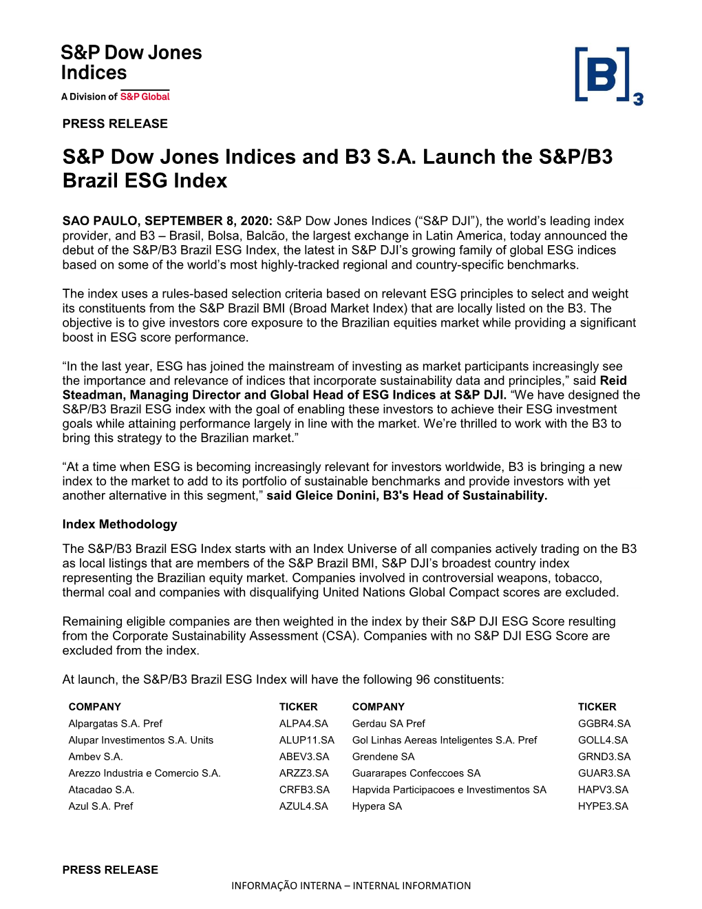 S&P Dow Jones Indices and B3 S.A. Launch the S&P/B3 Brazil ESG Index