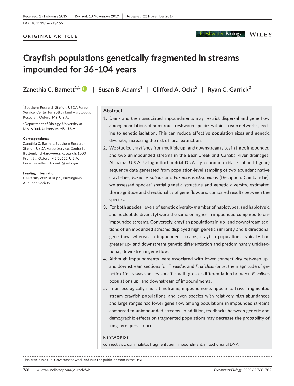 Crayfish Populations Genetically Fragmented in Streams Impounded for 36–104 Years