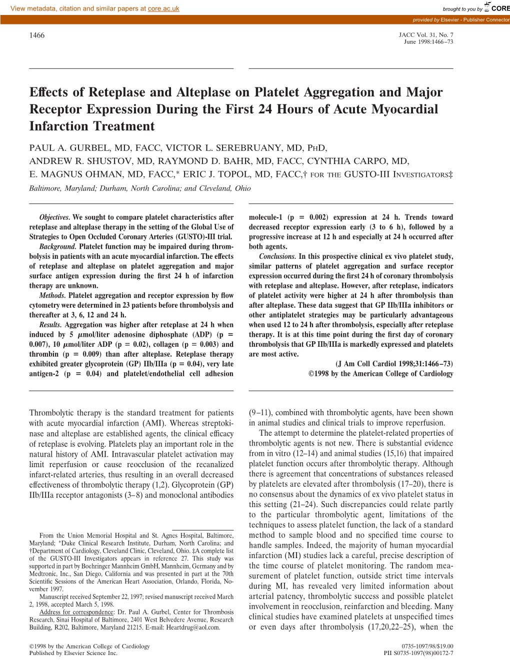 Effects of Reteplase and Alteplase on Platelet Aggregation and Major Receptor Expression During the First 24 Hours of Acute Myocardial Infarction Treatment