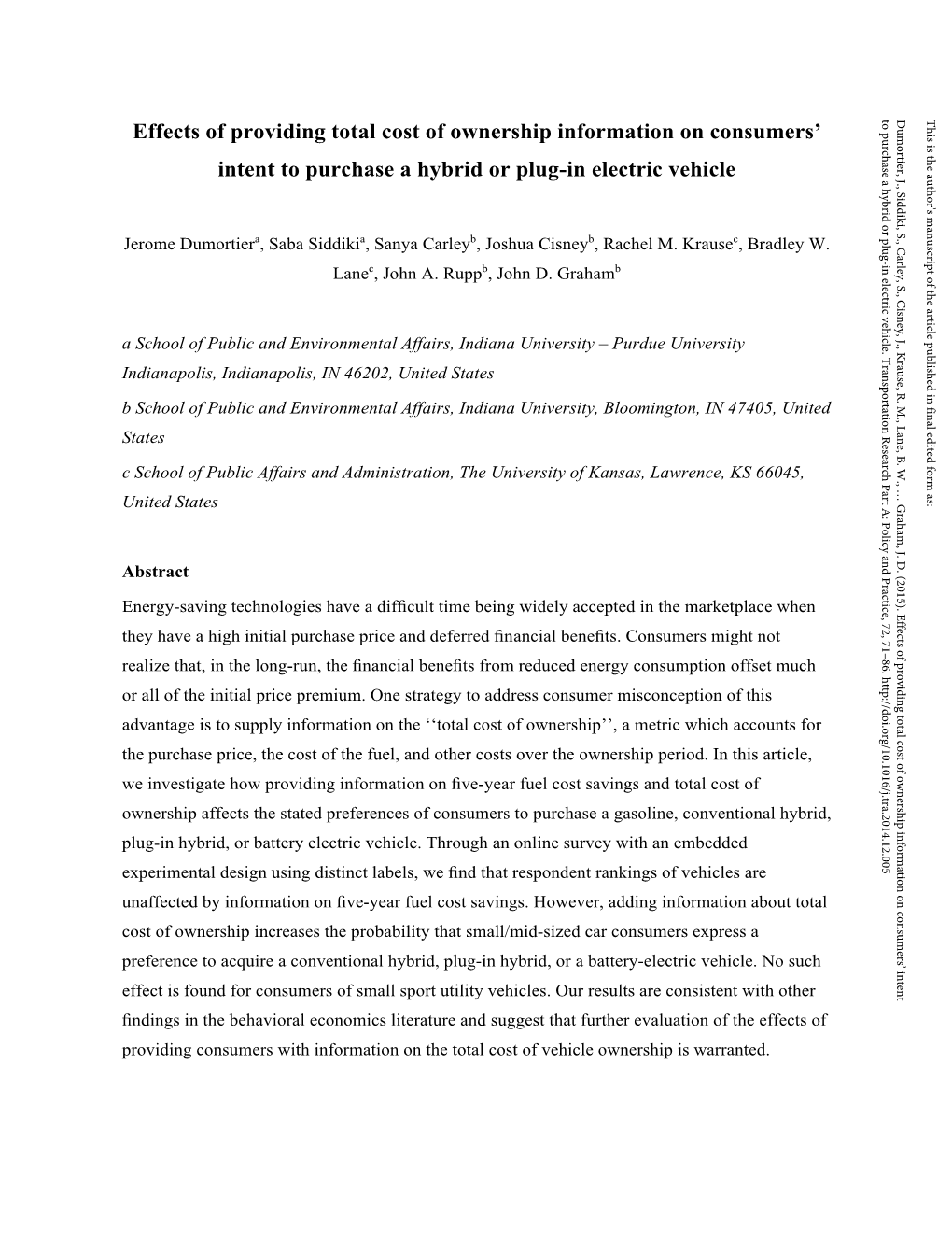 Effects of Providing Total Cost of Ownership Information on Consumers’ Intent to Purchase a Hybrid Or Plug-In Electric Vehicle