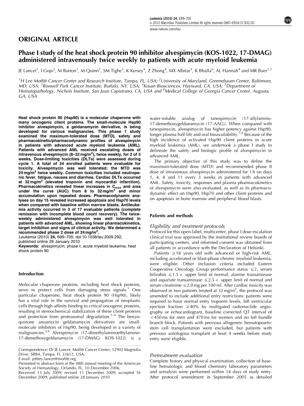 Phase I Study of the Heat Shock Protein 90 Inhibitor Alvespimycin (KOS-1022, 17-DMAG) Administered Intravenously Twice Weekly to Patients with Acute Myeloid Leukemia